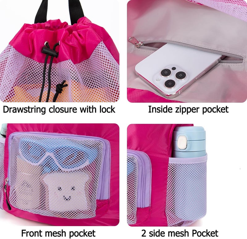 Veious Swim Bag for Kids Drawstring Backpack for Girls Lightweight Mesh Beach Backpack Swimming Pool Sports Gym String Bag Purple - Image 4